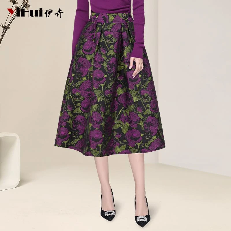 YIHUI伊卉提花半身裙女中长款a字裙子高腰显瘦下身蓬蓬裙BK245128