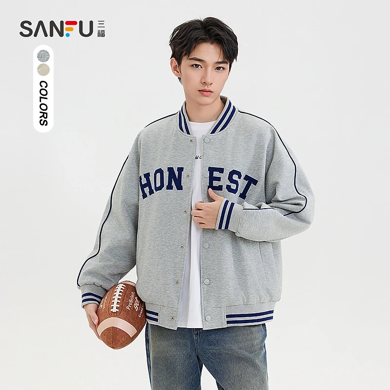 三福2025春季男士大字母棒球领短棉衣 复古运动风外套男496890