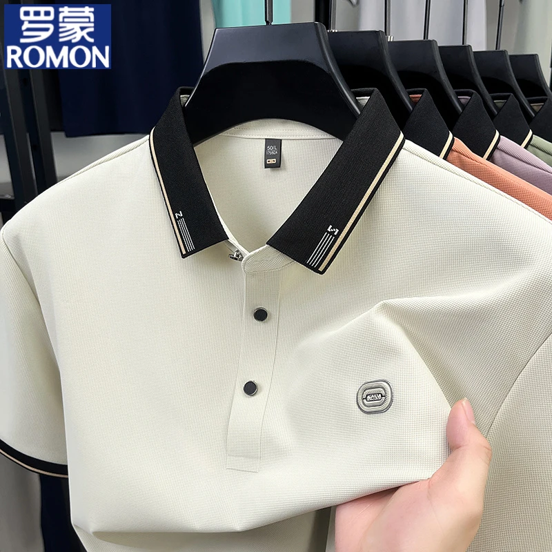 Romon/罗蒙夏季新款冰丝高档轻奢短袖T恤中青年纯色潮流短袖T恤衫