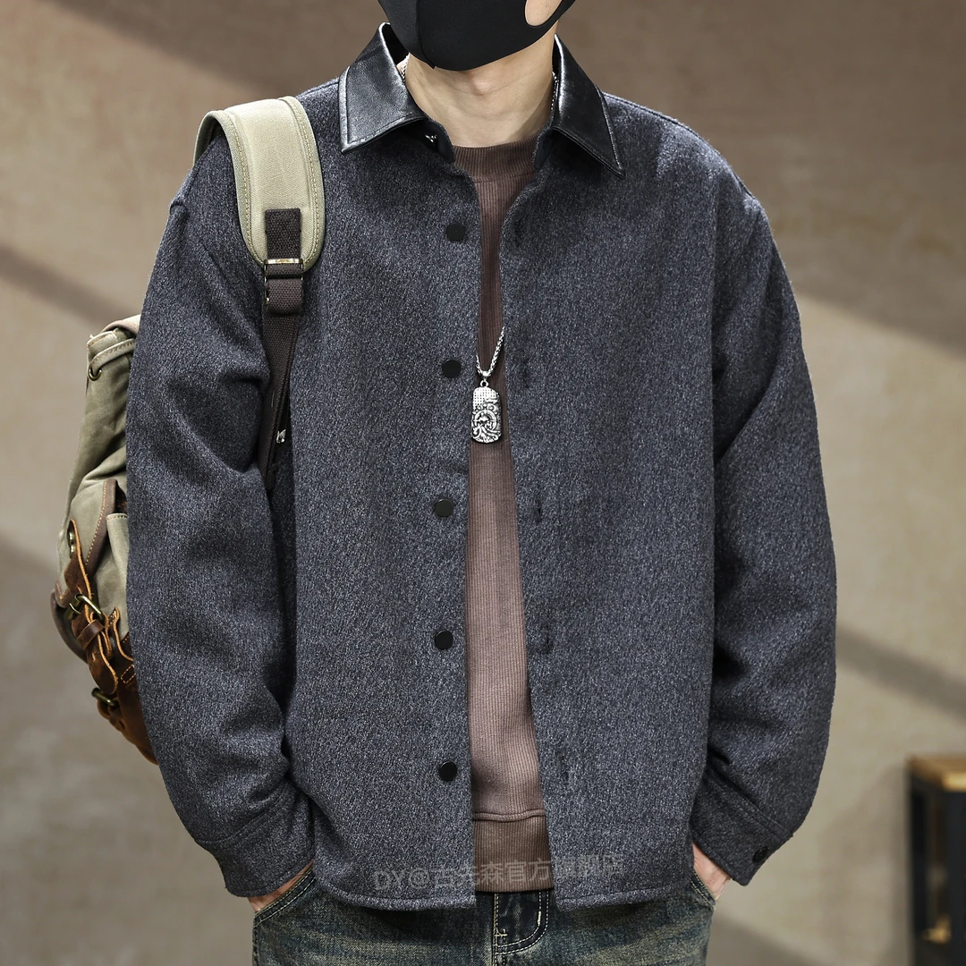 美式高端复古磨毛肌理感衬衫男秋季新款拼接撞色绵羊毛衬衣外套潮