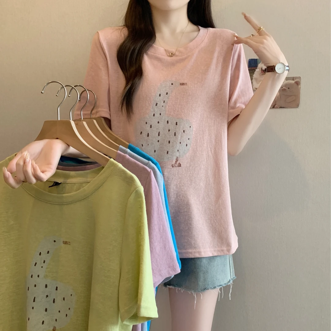 长2025夏大码卡通印花大鹅短袖T恤正肩显瘦上衣64083