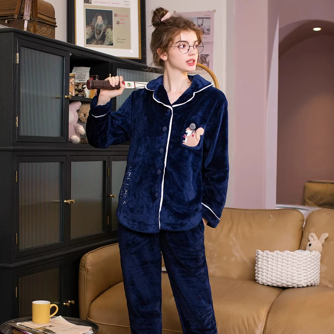 芬腾新款女士秋冬珊瑚绒睡衣女法兰绒加厚加绒保暖家居服冬季套装