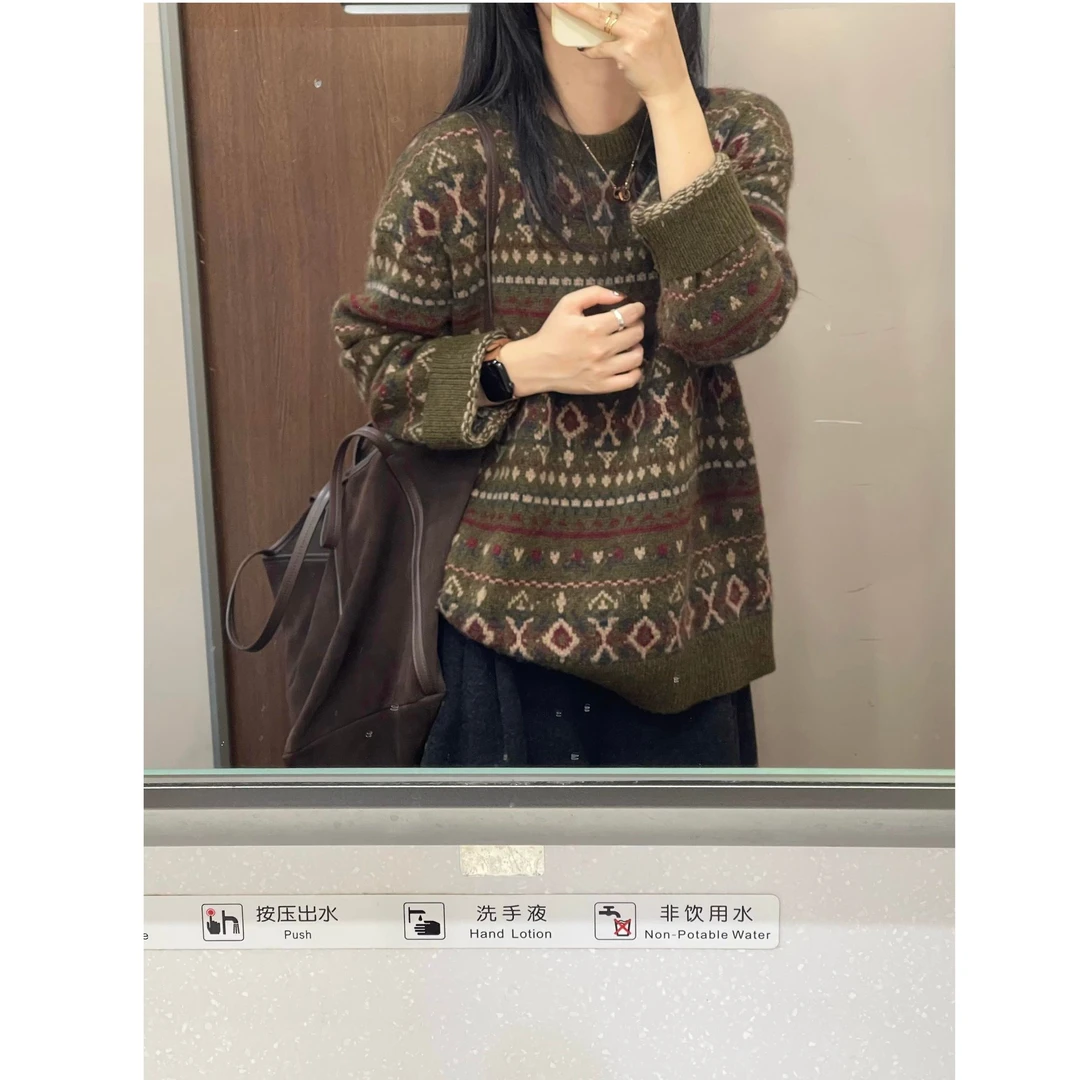 慵懒风高级感复古费尔岛重工提花圆领毛衣女2025秋冬百搭毛线衣