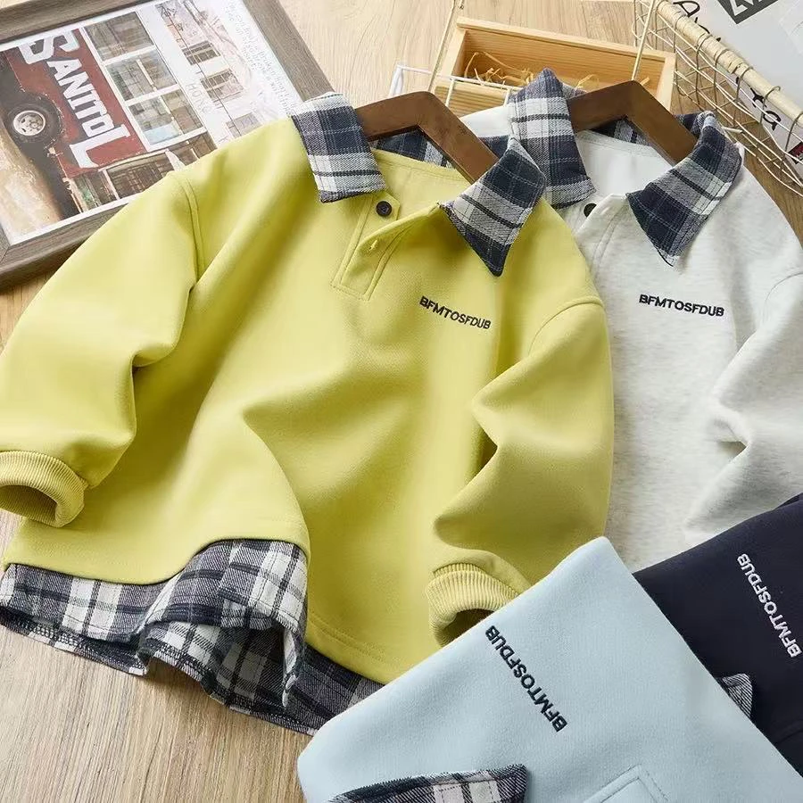 儿童翻领卫衣2025春季新款韩版中大童假两件百搭休闲卫衣