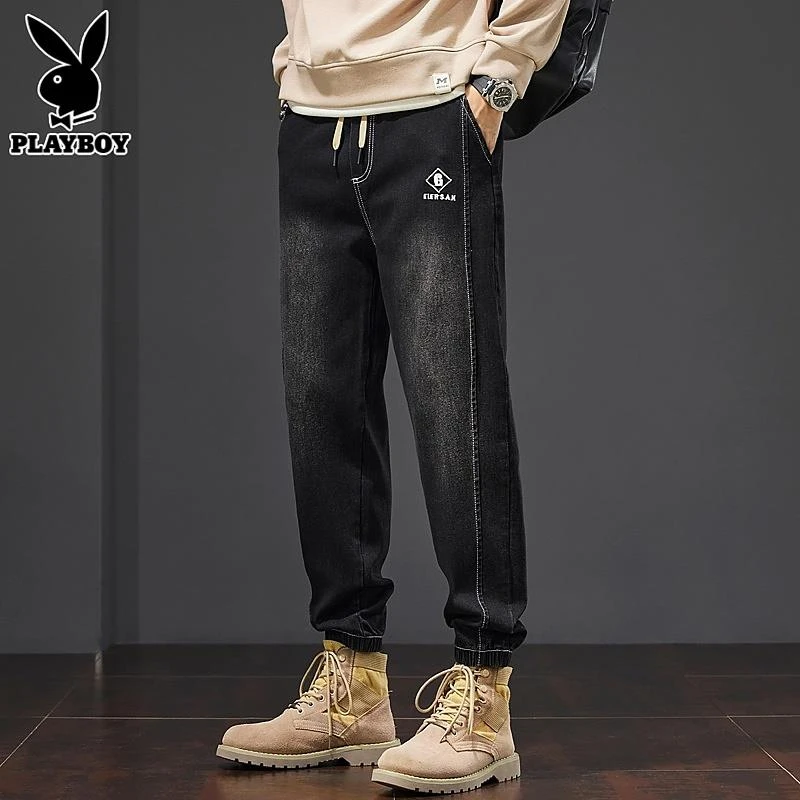 花花公子黑色牛仔裤男款春秋季美式九分束脚裤潮流宽松长裤子男士
