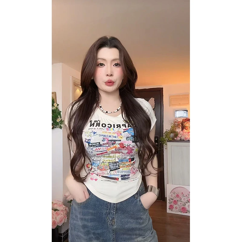 微胖大码纯欲风辣妹卡通印花正肩短袖T恤修身收腰紧身短款上衣女