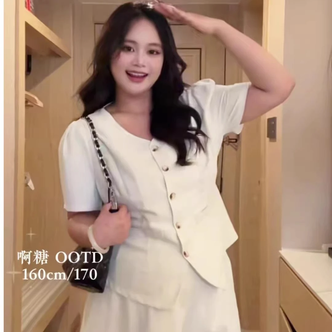 精60 夏天一整套大码微胖mm高级感时尚港风短袖衬衫阔腿裤两件套