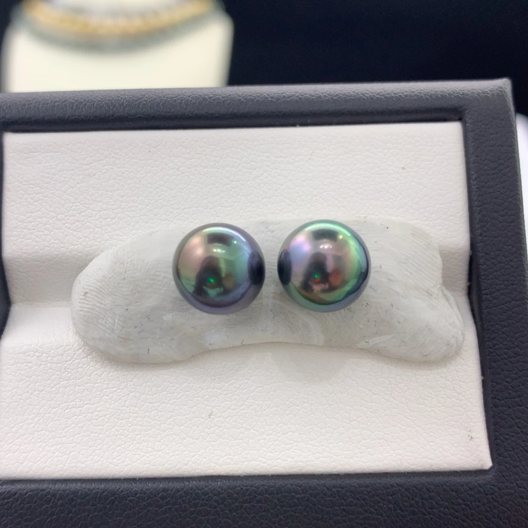 未镶嵌裸珠定制海水珍珠9.2mm电光蓝炫苍蝇绿对珠