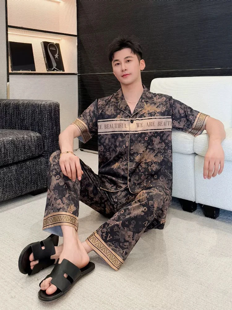 102865 男款短袖长裤睡衣女春夏冰丝两件套薄款高级感家居服套装