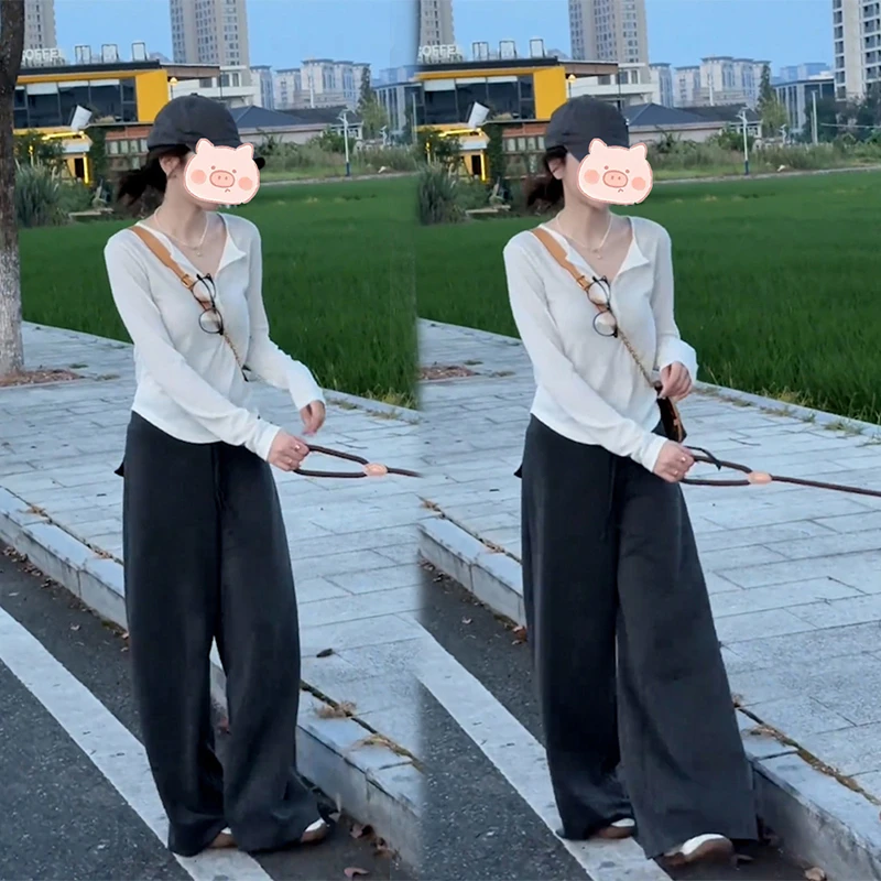 秋季简约新款套装时尚百搭设计纯色上衣长袖搭配休闲裤两件套女潮