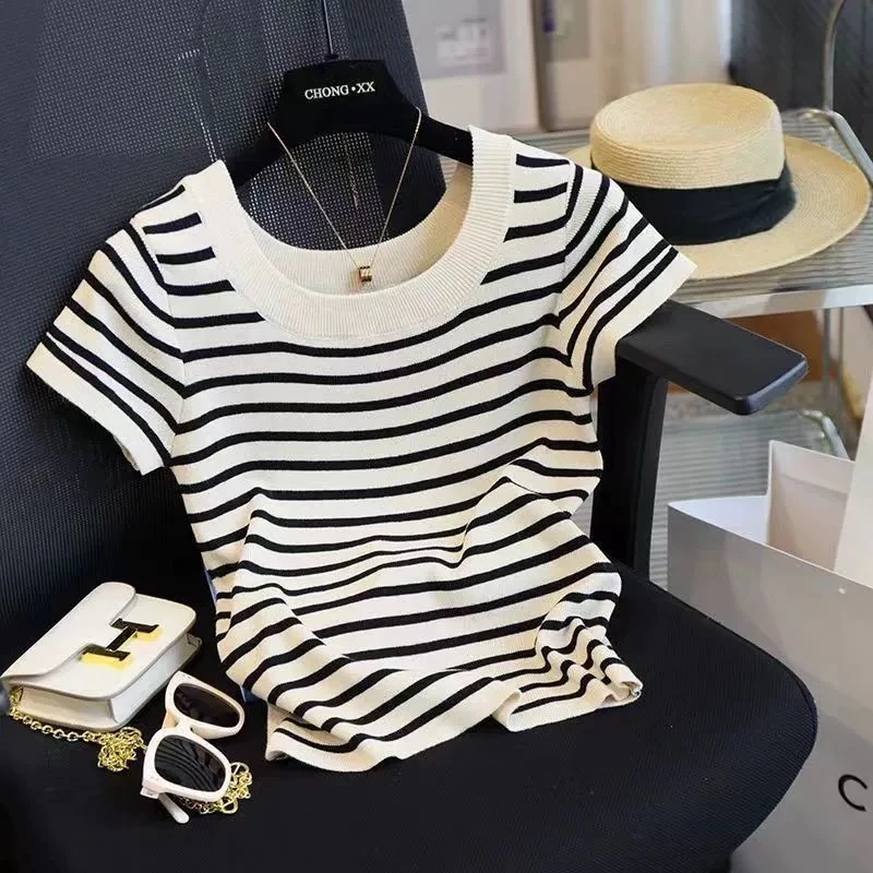 条纹短袖女夏季外穿2025新款方领针织衫春秋内搭上衣百搭休闲