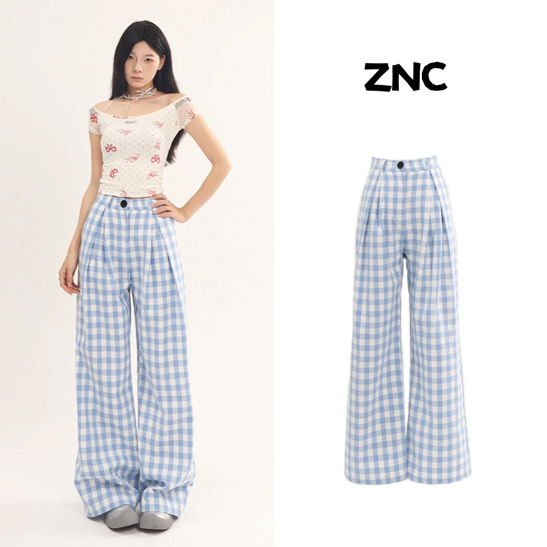 哲娜纯【品牌直播专享】格子裤夏薄款女高腰直筒宽松慵懒风休闲裤