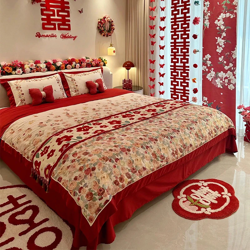富安娜适用100支长绒棉结婚大红色婚嫁婚庆婚房床单被套四件套