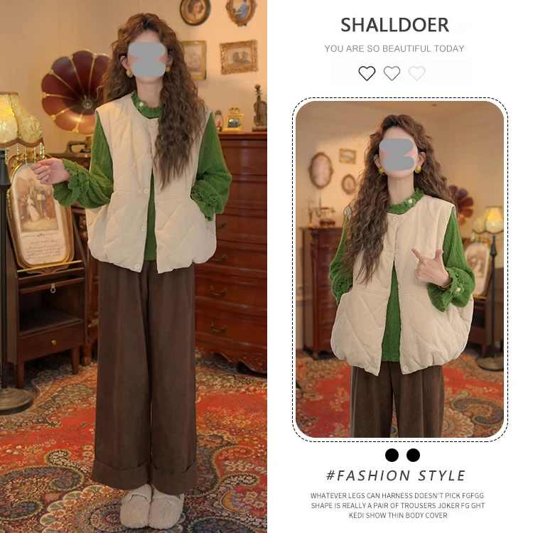 2025秋冬潮流百搭长袖港风打底上衣宽松显瘦马甲休闲裤三件套