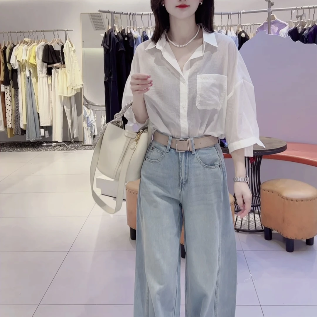 【欧若拉】夏季时尚薄款细条纹休闲减龄衬衣