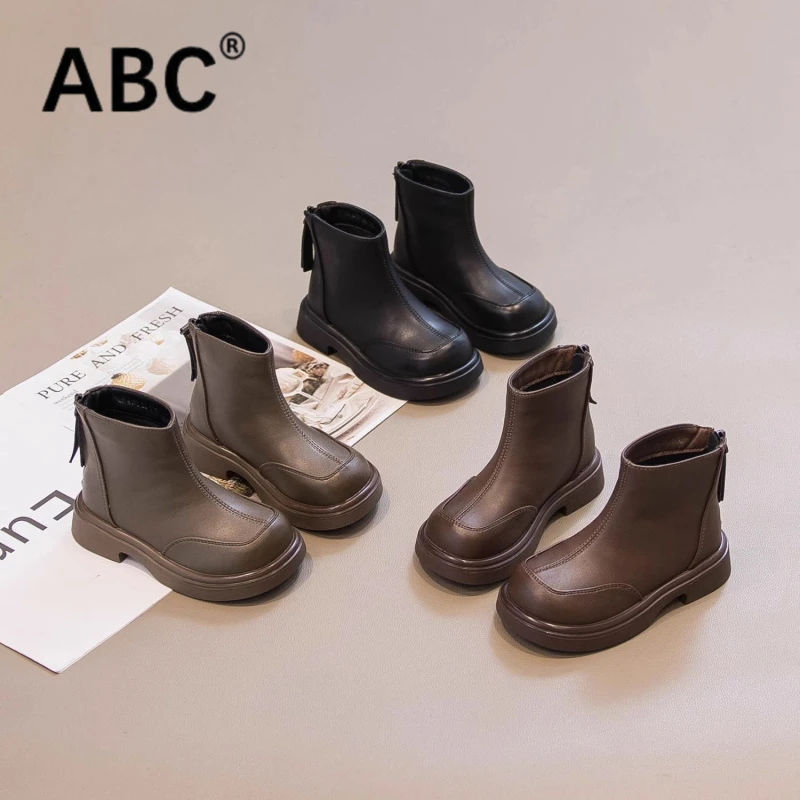 ABC儿童靴子2024秋冬新款男童软底皮靴中大童单靴女童防滑马丁靴