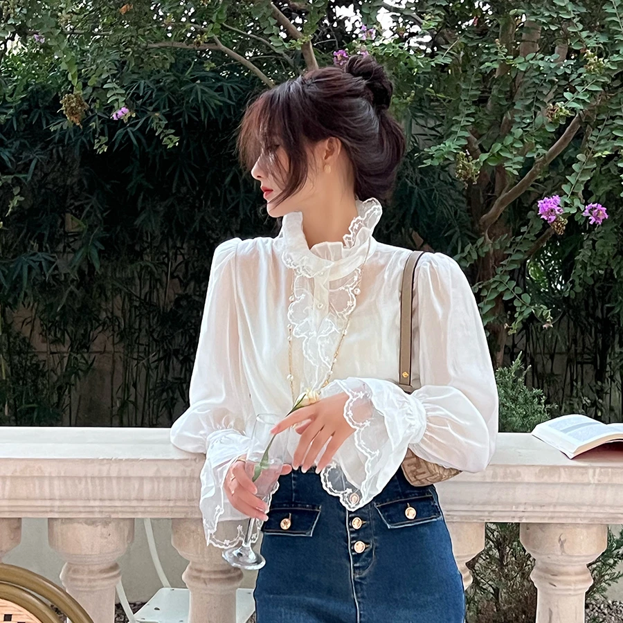CHICHEN《罗曼尼庄园》设计感蕾丝边拼接立领衬衫