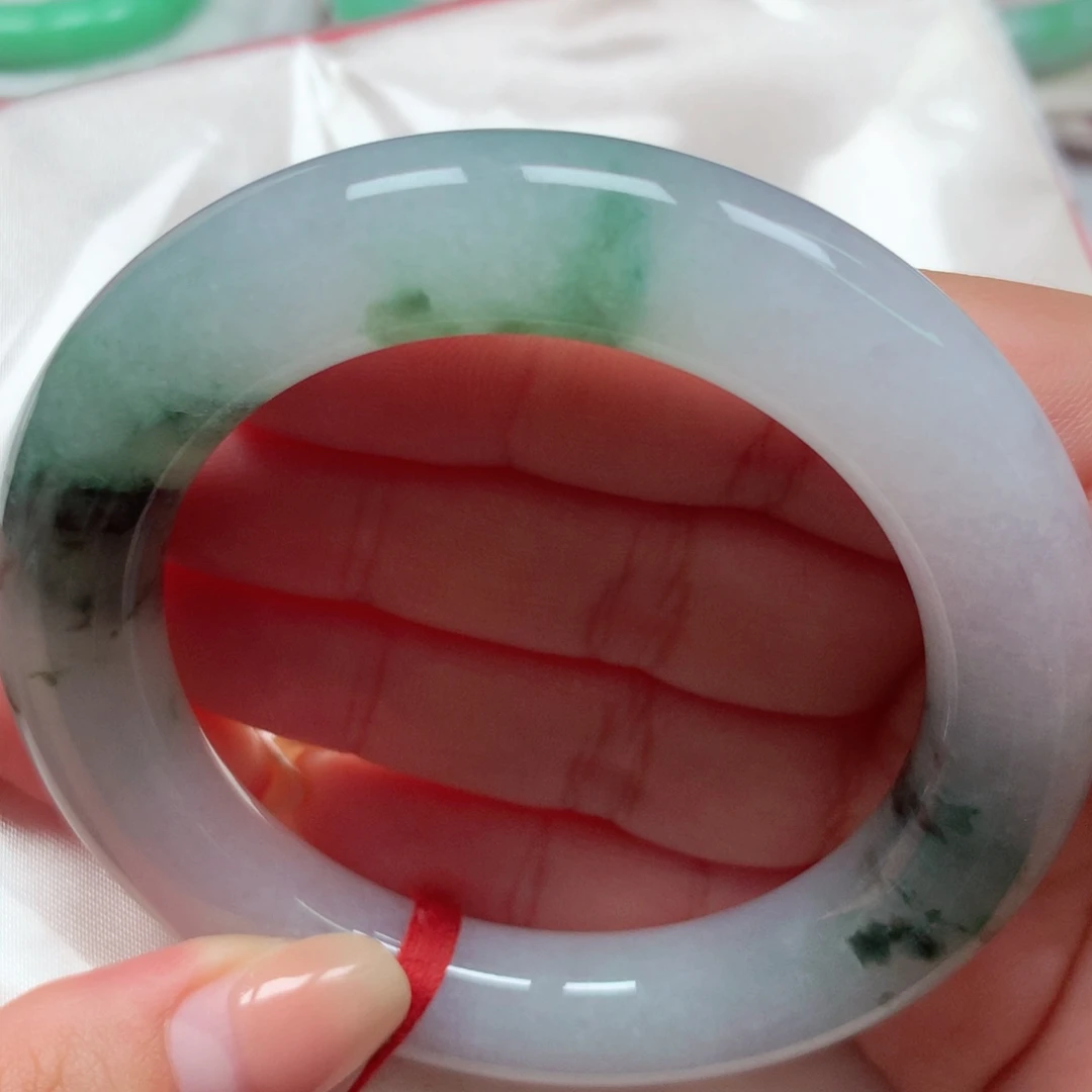 翡翠未镶嵌手镯62胖圆冰胶水墨绿花