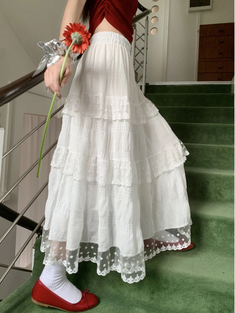 时尚夏季拼接半身裙浪漫高腰显瘦小个子仙女裙