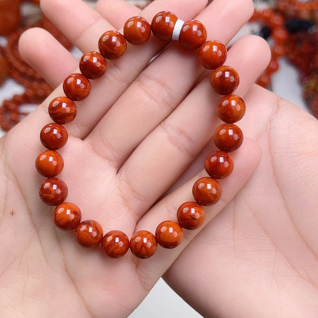 多***亿南红玛瑙未镶嵌手链瓦西高货牛血双色火焰单圈8mm