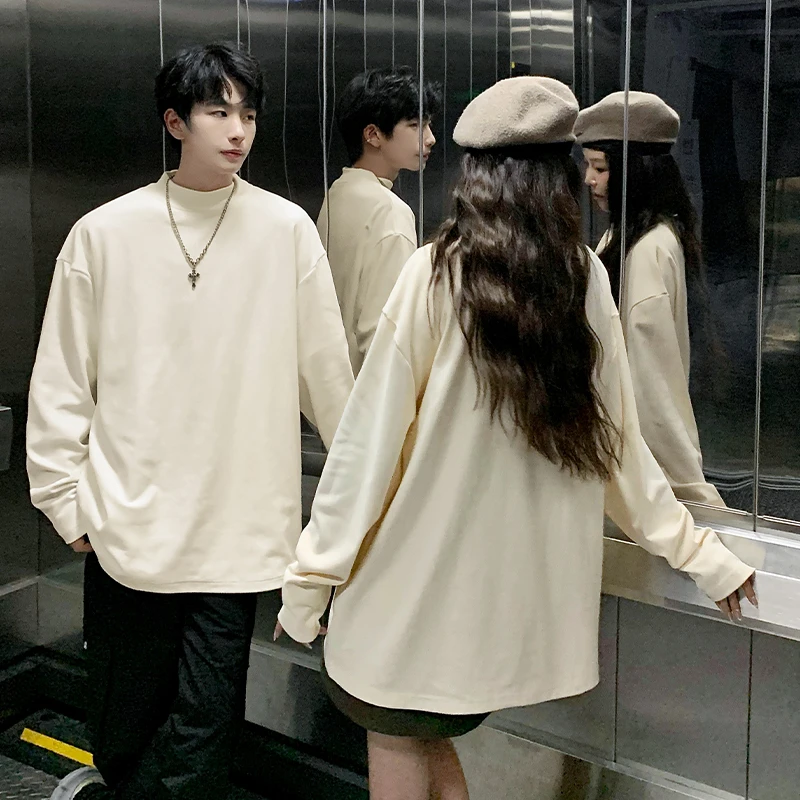 黑色半高领德绒打底衫男秋季轻熟风内搭宽松长袖t恤美式休闲卫衣