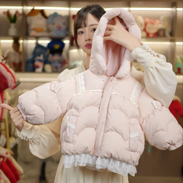 幼羽定制款女童白鸭绒加厚冬季粉色蕾丝公主保暖设计师款羽绒服