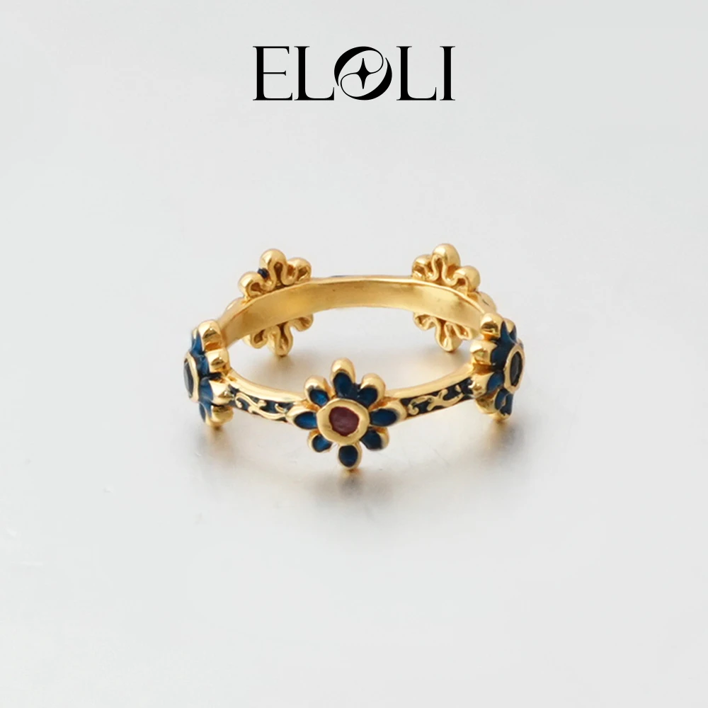 Eloli22K镀金彩色宝石小花朵戒指R2495 925银