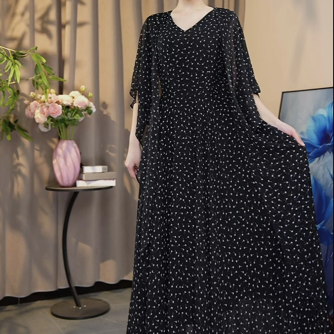 夏新款连衣裙中袖大摆裙长裙波点气质显瘦女士飘逸雪纺孤品34-85A