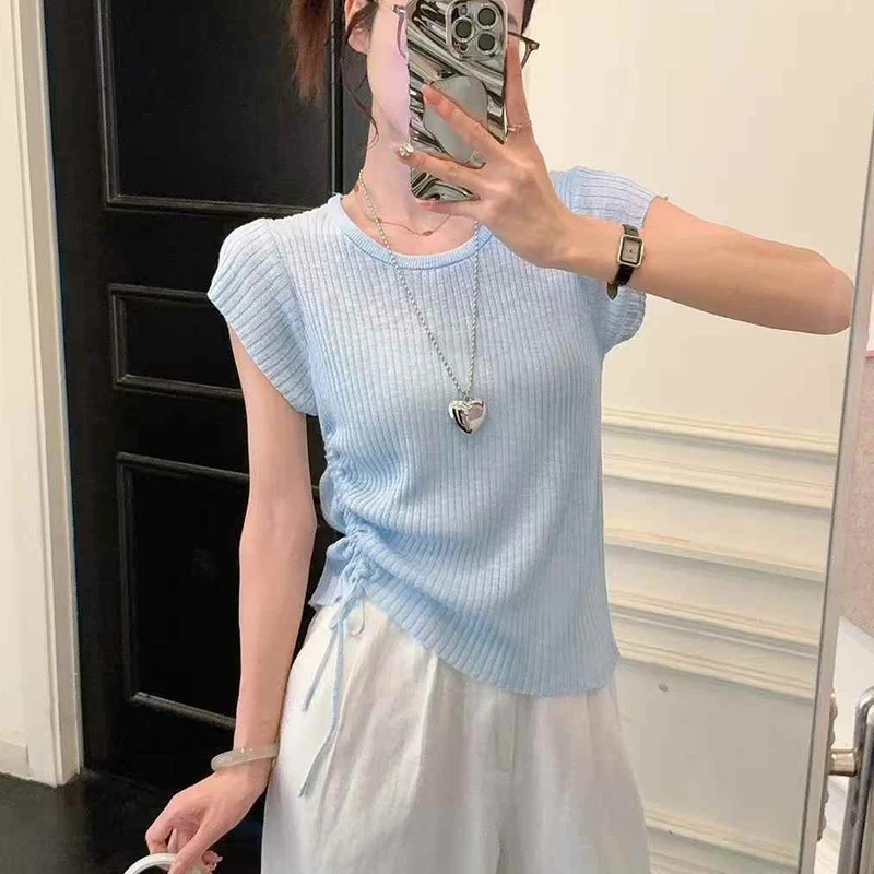 竹节麻短袖t恤女2025新款夏季薄款高级感独特漂亮爆款抽绳针织衫