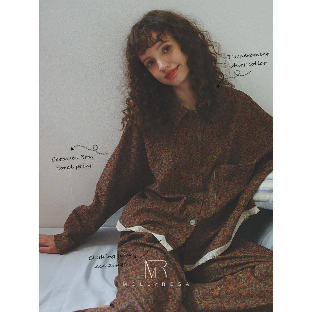 焦糖布蕾·复古碎花灯芯绒长袖长裤睡衣套装家居服秋冬新款可外穿