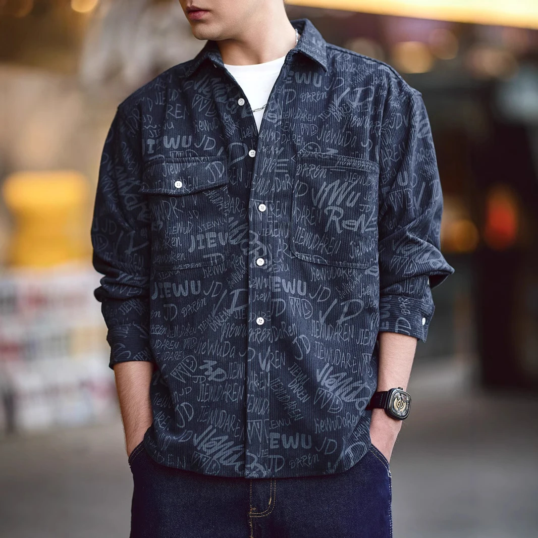 PYHEM烈火爆美式复古潮牌满印花灯芯绒衬衫男春季宽松休闲长袖衬