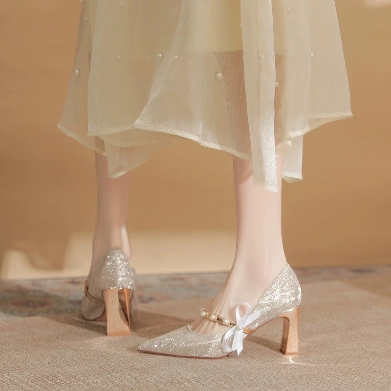 高跟鞋女2025新款新娘鞋不累脚禾秀主婚纱两穿气质粗跟单鞋伴娘鞋