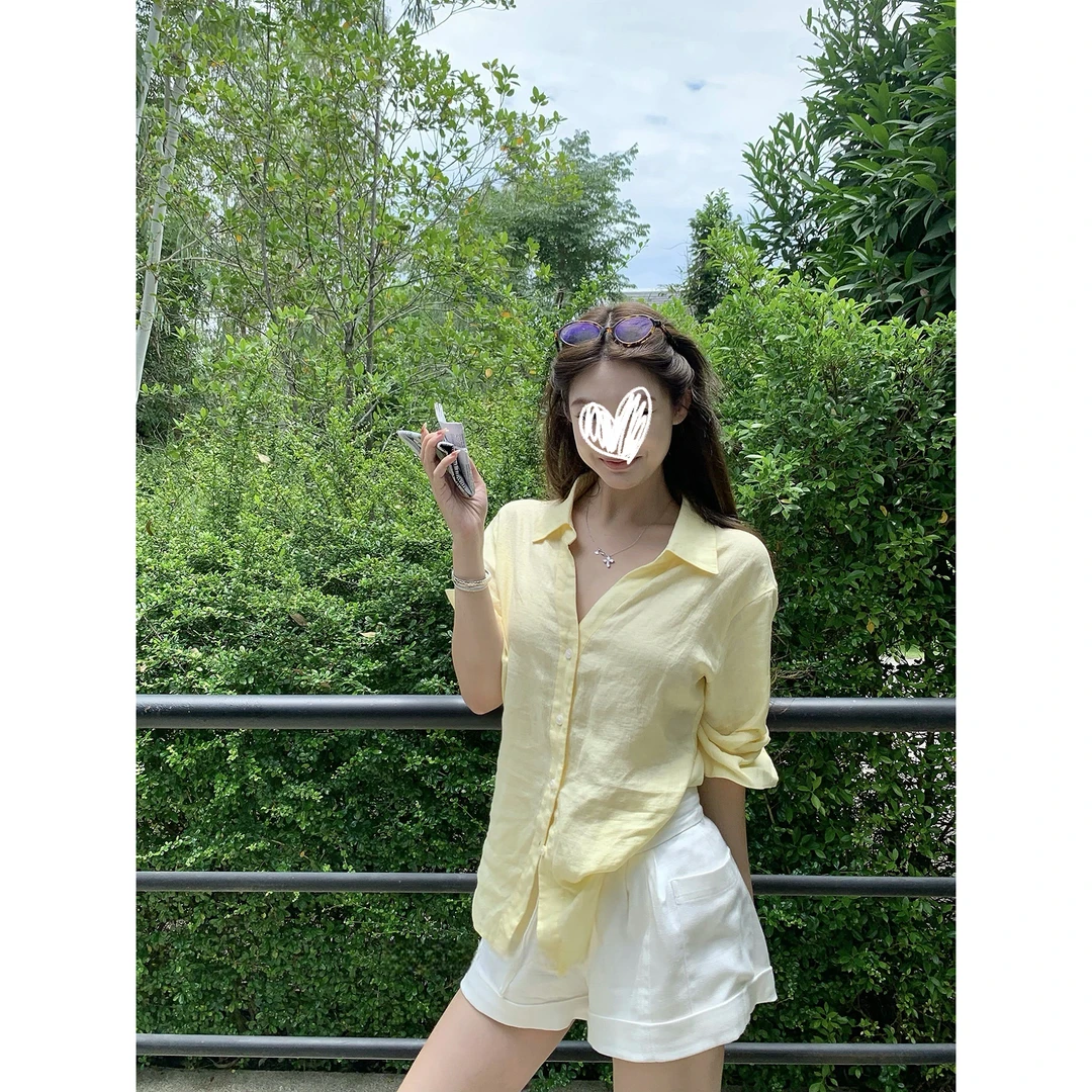 夏秋新款黄色防晒衬衫女宽松慵懒翻领纯棉舒适上衣