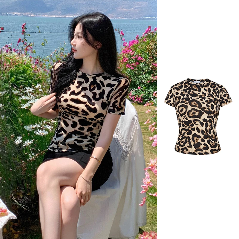 Moses Queen/魔西女王甜辣酷飒豹纹圆领短袖T恤纯欲风显瘦上衣女