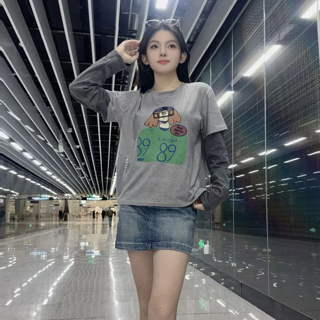 棉撞色拼接袖假两件个性女孩印花时尚休闲潮流T恤女