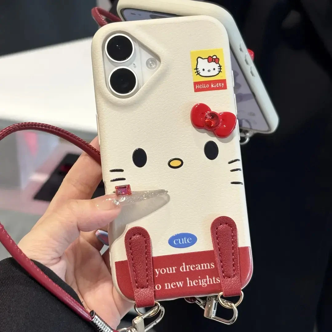 适用kitty蝴蝶结挂绳皮纹苹果17pormax手机壳iPhone16/15可爱1413