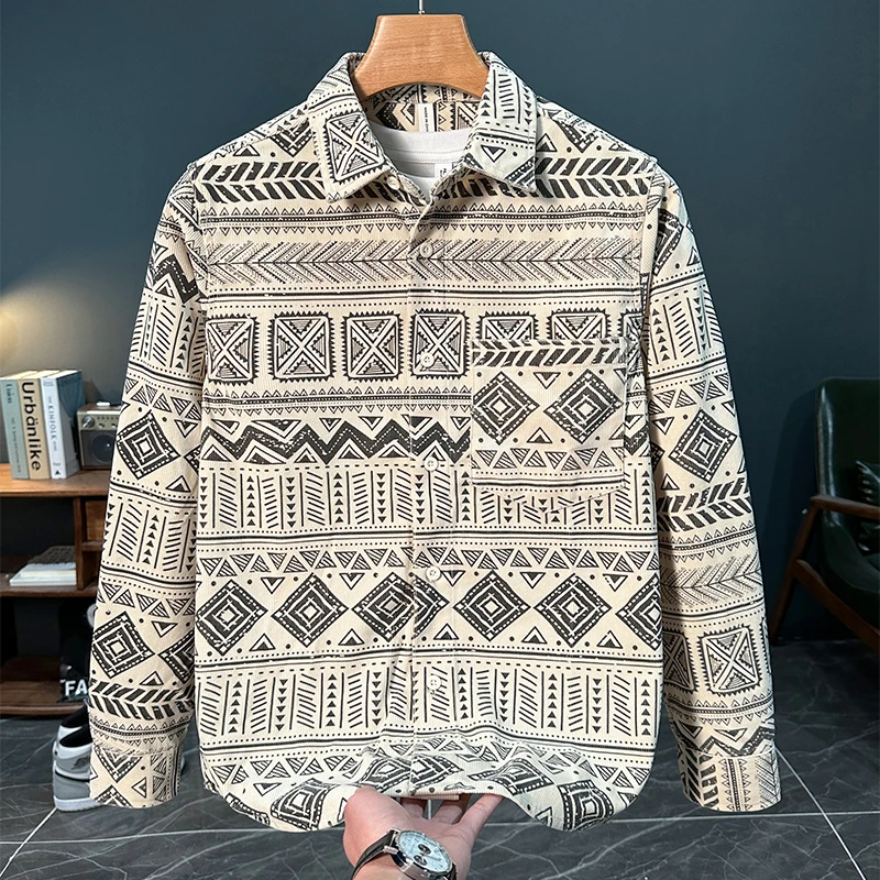 春秋日系潮流印花长袖衬衫男士潮牌时尚百搭文艺休闲宽松上衣外套