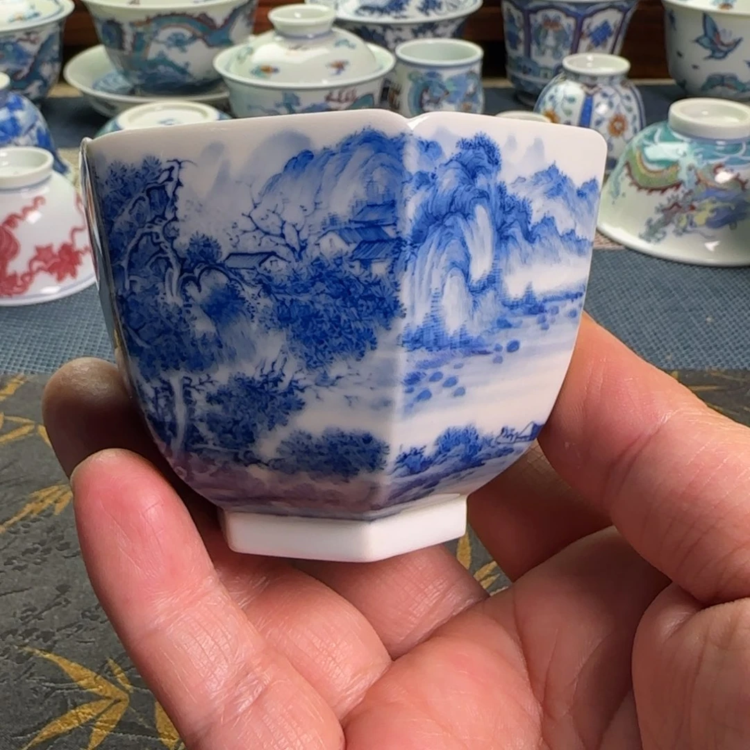 瓷片六方山水杯子杯子杯