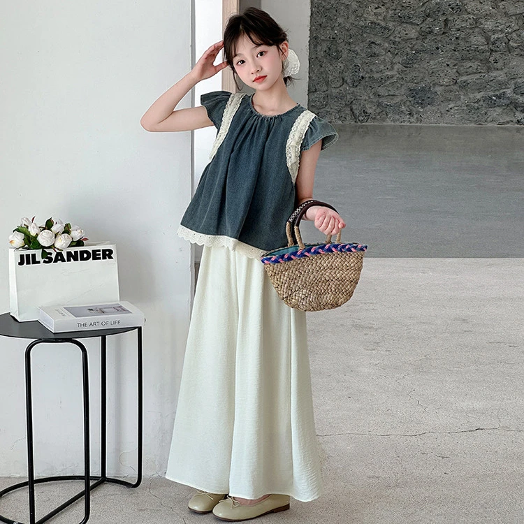 [麦哆哆」女童中大童夏季韩系拼接花边牛仔上衣纯色百搭裙裤套装潮