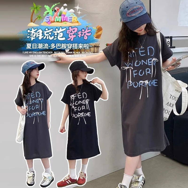 女童T恤裙夏装休闲女大童短袖连衣裙中长款韩版时髦儿童夏季裙子