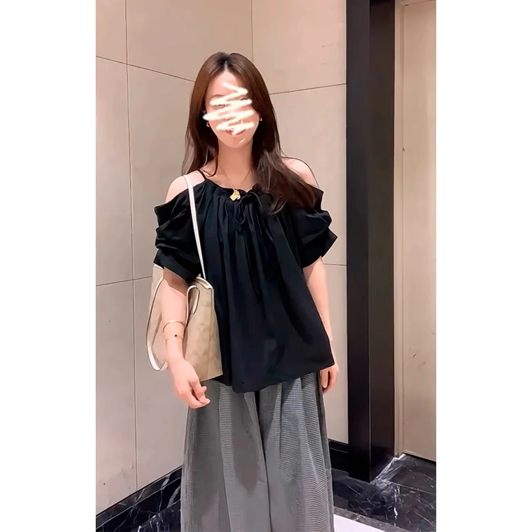 女韩系设计感褶皱露肩短袖上衣气质高腰显瘦阔腿长裤套装两件套