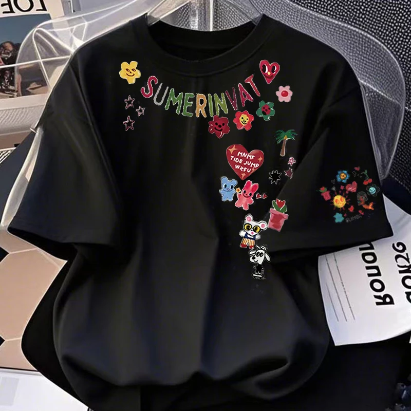 【6-4彩】印花短袖圆领字母常规T恤涂鸦t恤小众学生极简风痞帅