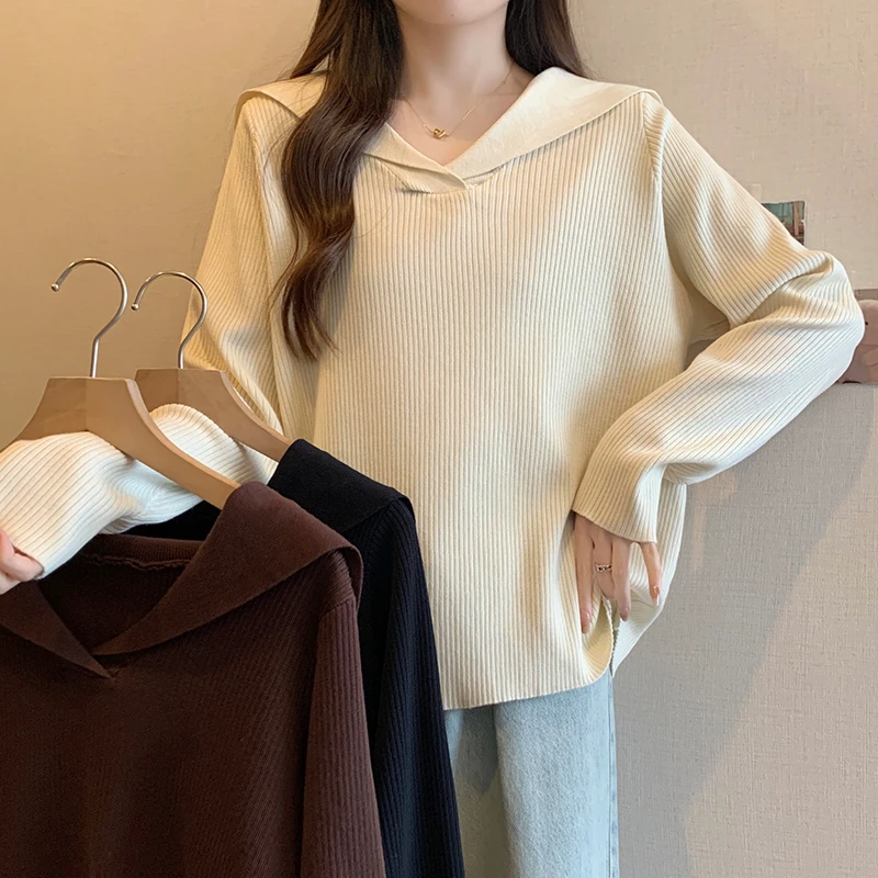 8439大码女装2024冬装新款洋气百搭胖MM海军领简约毛衣针织打底衫