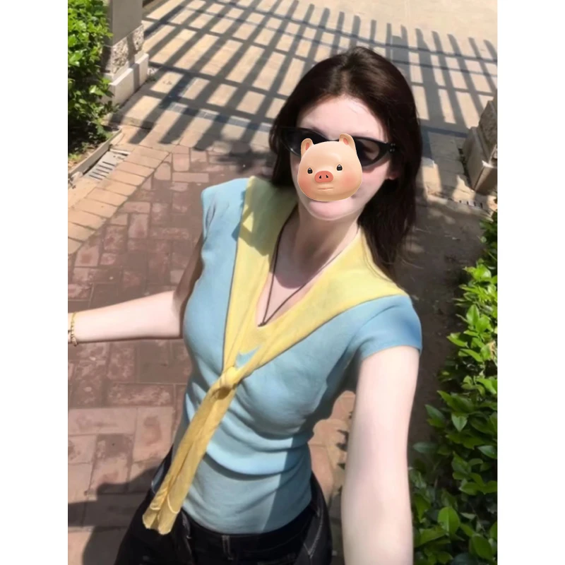 2025夏季爆款多巴胺穿搭一整套蓝色针织短袖上衣披肩坎肩两件套装