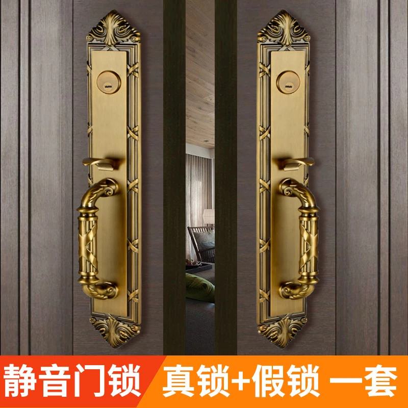 欧式别墅入户门按压防盗锁家用双开大门锁子母门仿古实木门机械锁