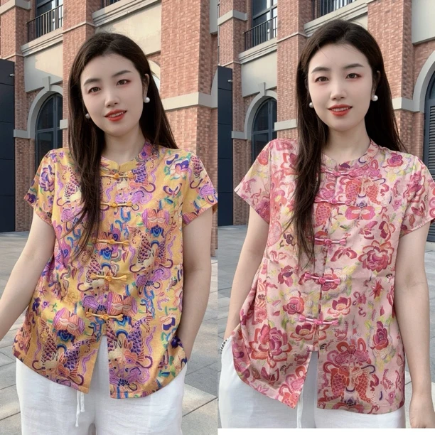 新中式国风复古短袖衬衫2025夏季设计感提花圆领气质上衣