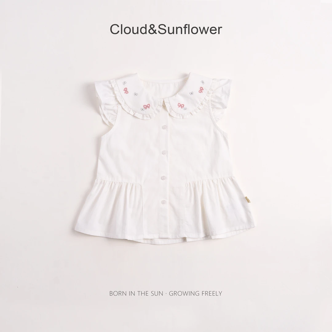 【云朵小葵】女童夏季翻领蝴蝶结飞袖休闲娃娃衫T恤660688