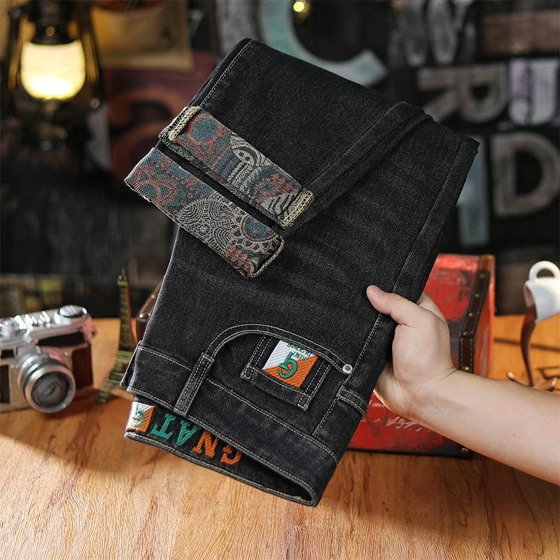 提花男士牛仔裤2025新款男款弹力修身小直筒百搭长裤子加绒加厚款