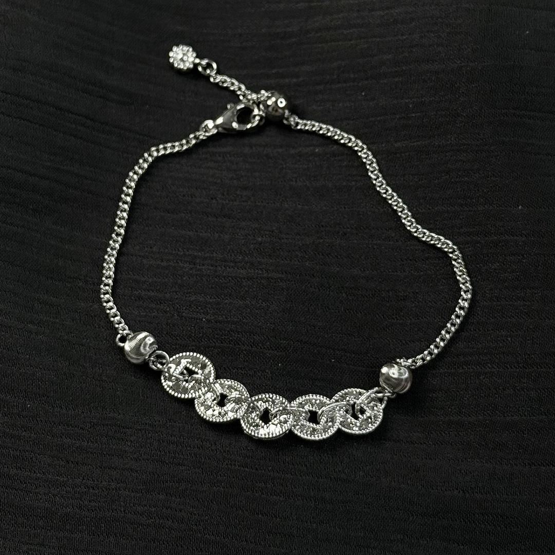 925银手链  《五帝钱手链》韩版车花碎冰冰五帝钱币银抽拉手链19cm