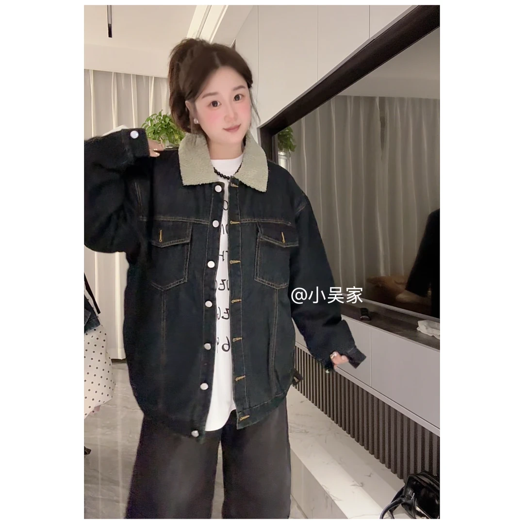 「小吴家」韩版深羊羔毛领棉服外套女秋冬保暖宽松夹克牛仔外套